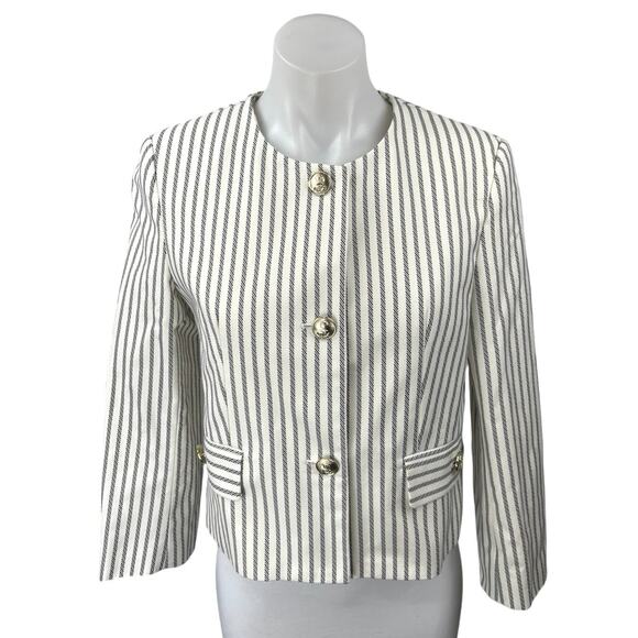 Zara Cream White Striped Long Sleeve Gold Button Down Crop Blazer Coat Jacket S - Picture 3 of 13